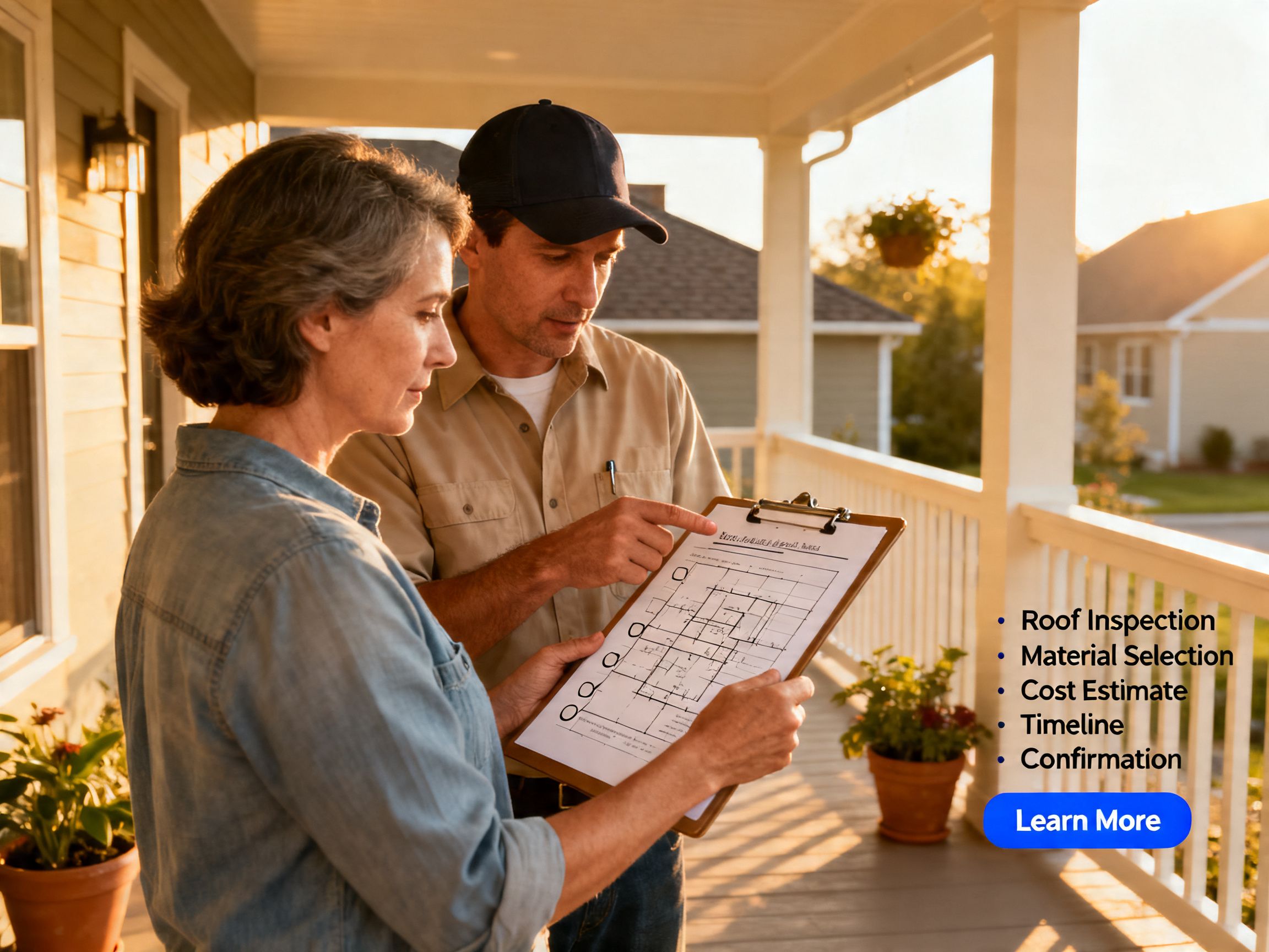 Roofer reviewing a project plan with homeowner